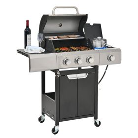 Burner Grill Stainless Steel Gas Grill With Side Stove And Lid Suitable For Outdoor Barbecue, Camping (Color: Black)
